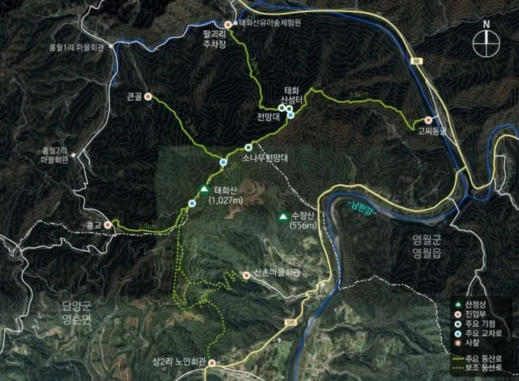 태화산-등산코스-및-기점이-지도에-표시되어-있다.