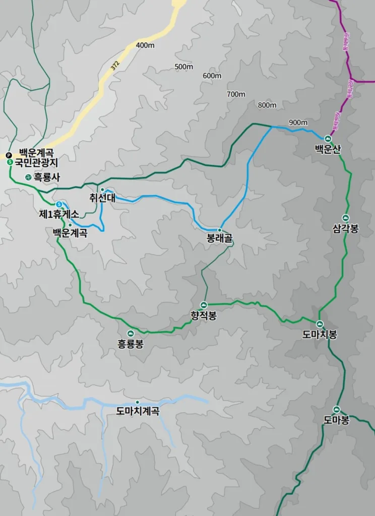 포천-백운산-등산코스-및-명소가-지도에-그려져-있다.