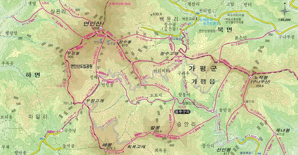 연인산-등산코스-및-기점이-지도에-그려져-있다.