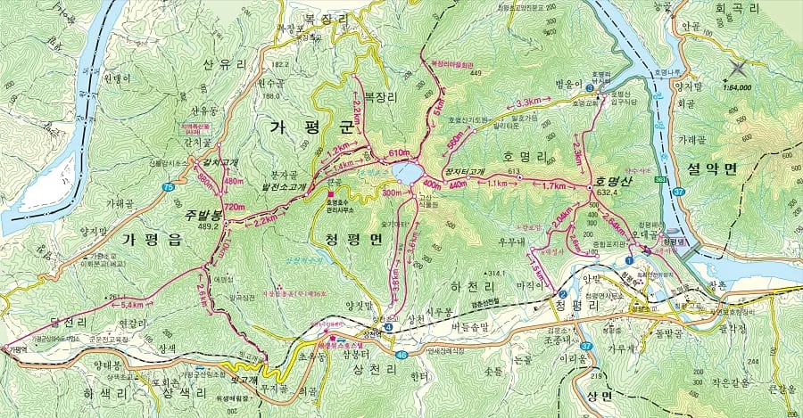 호명산-등산코스-및-명소가-지도에-그려져-있다.