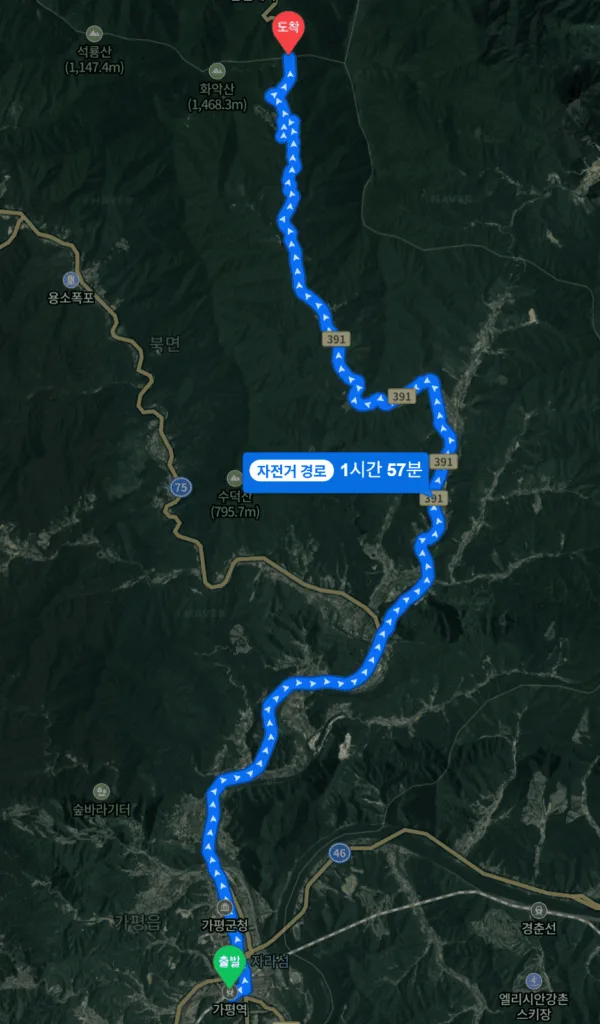 위성지도-위에-화악산-라이딩-코스가-표시되어-있다.